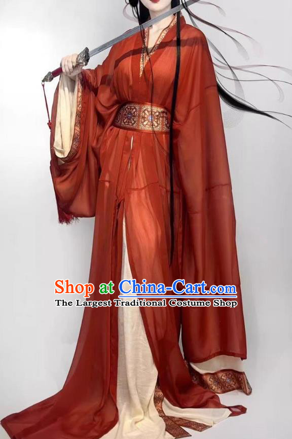Chinese Qin Dynasty Swordswoman Red Dresses Ancient Heroine Clothing Hanfu Straight Front Robes