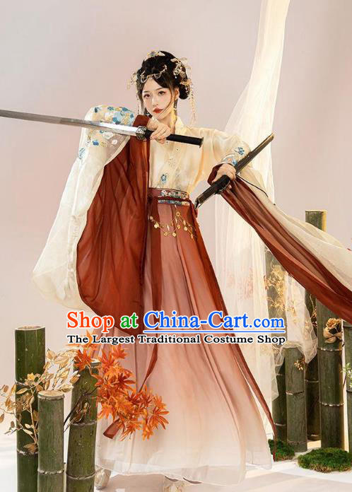 Chinese Ancient Female Swordsman Red Dresses Jin Dynasty Palace Princess Costume Hanfu Embroidered Blouse and Skirt Complete Set