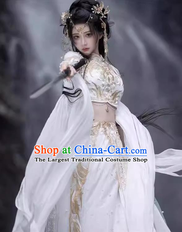 Chinese Dunhuang Flying Apsaras Costumes Western Region Goddess Clothing Ancient Female Warrior White Dresses