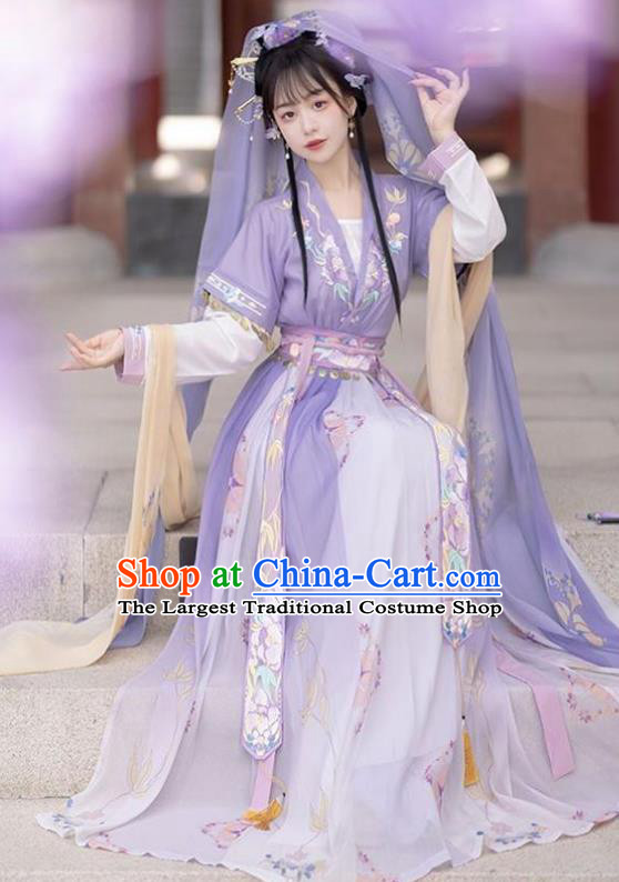 Chinese Tang Dynasty Palace Princess Costume Hanfu Ru Qun Ancient Young Woman Purple Dresses