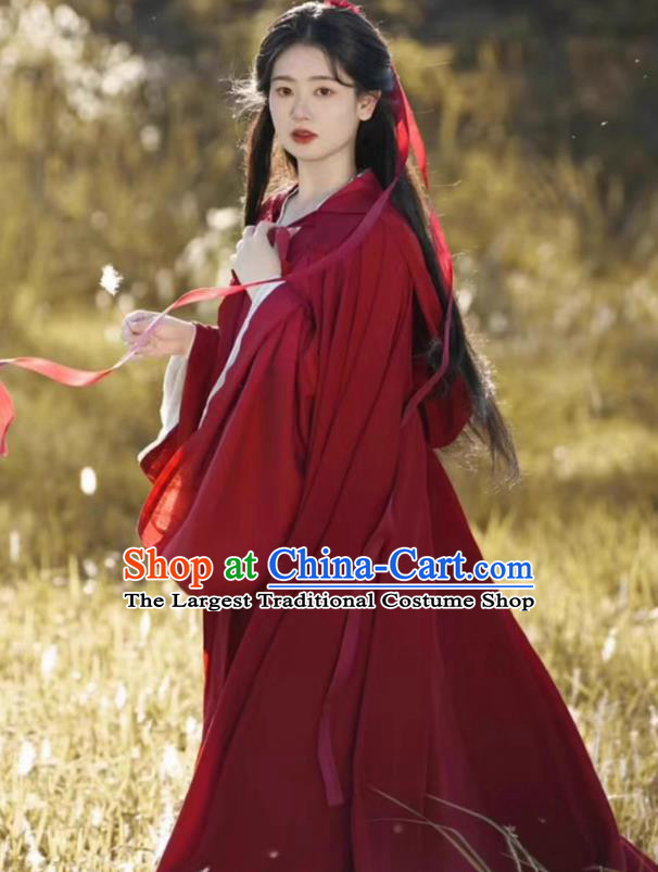 China Traditional Hanfu and Red Cape Jin Dynasty Court Woman Costumes Ancient Swordswoman Clothing