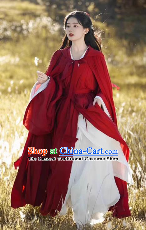 China Traditional Hanfu and Red Cape Jin Dynasty Court Woman Costumes Ancient Swordswoman Clothing