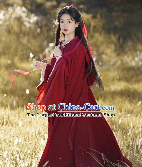 China Traditional Hanfu and Red Cape Jin Dynasty Court Woman Costumes Ancient Swordswoman Clothing