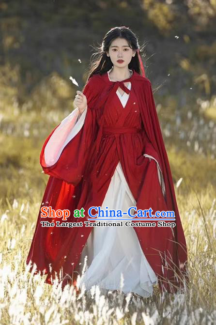 China Traditional Hanfu and Red Cape Jin Dynasty Court Woman Costumes Ancient Swordswoman Clothing