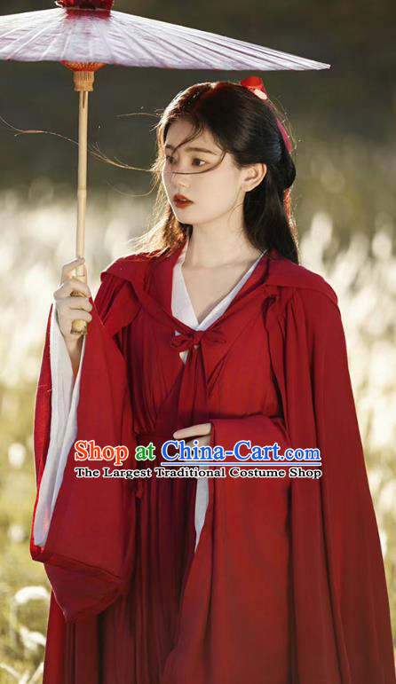 China Traditional Hanfu and Red Cape Jin Dynasty Court Woman Costumes Ancient Swordswoman Clothing