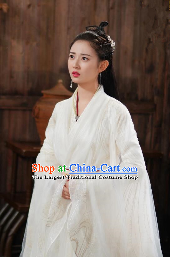 Ancient Chinese Sword Saint Young Woman Costumes TV Drama Mirror A Tale of Twin Cities Kong Sang Princess Bai Ying White Dresses