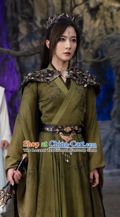 Drama Chong Zi Demon Woman Yin Shui Xian Clothing China Ancient Female Swordsman Green Costumes