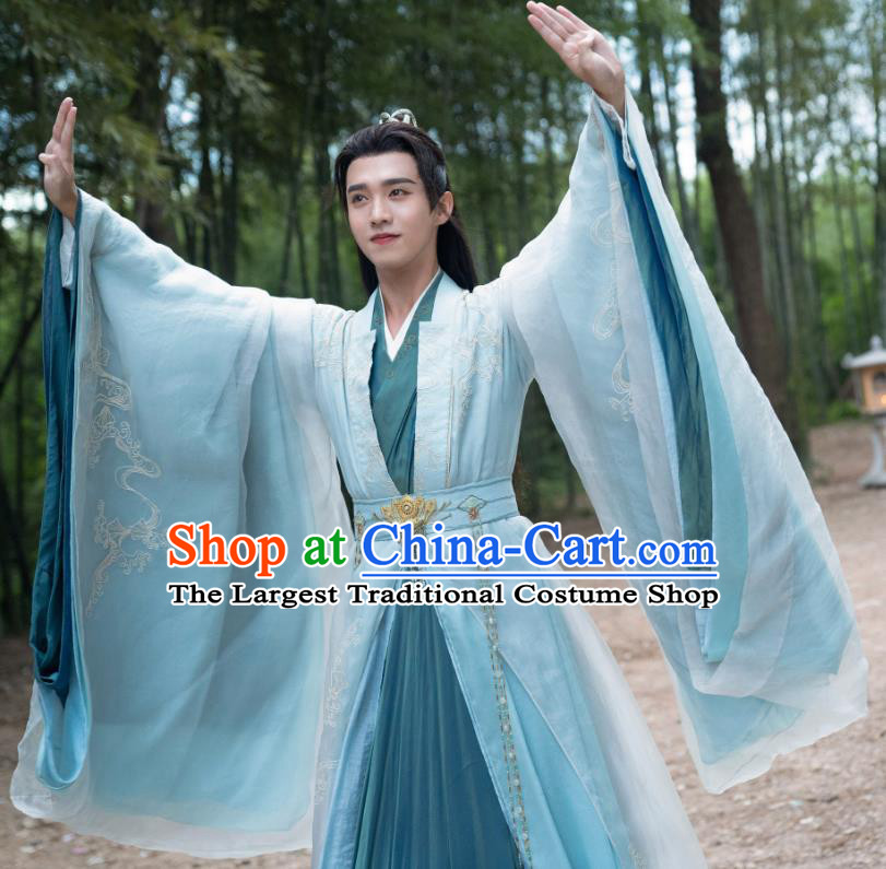 China Ancient Noble Childe Costumes Traditional Blue Garments Drama Chong Zi Young Hero Zhuo Hao Clothing