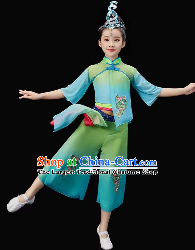 Chinese Children Yangko Dance Green Outfit Fan Dance Costumes Folk Dance Clothing