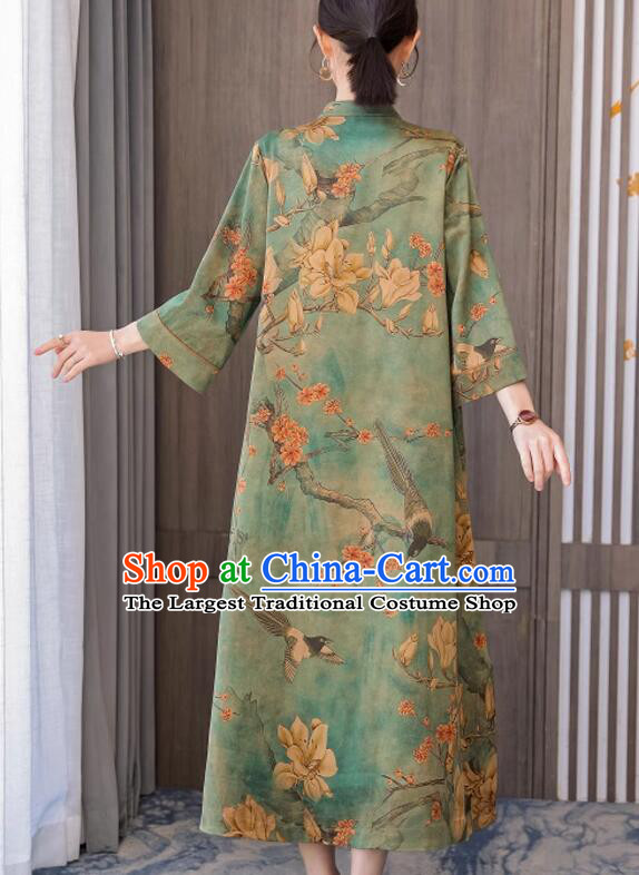 China Magnolia Pattern Cheongsam Traditional Clothing Oversize Green Dress Classic Qipao