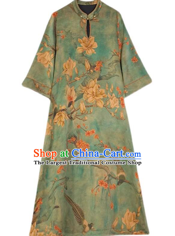 China Magnolia Pattern Cheongsam Traditional Clothing Oversize Green Dress Classic Qipao