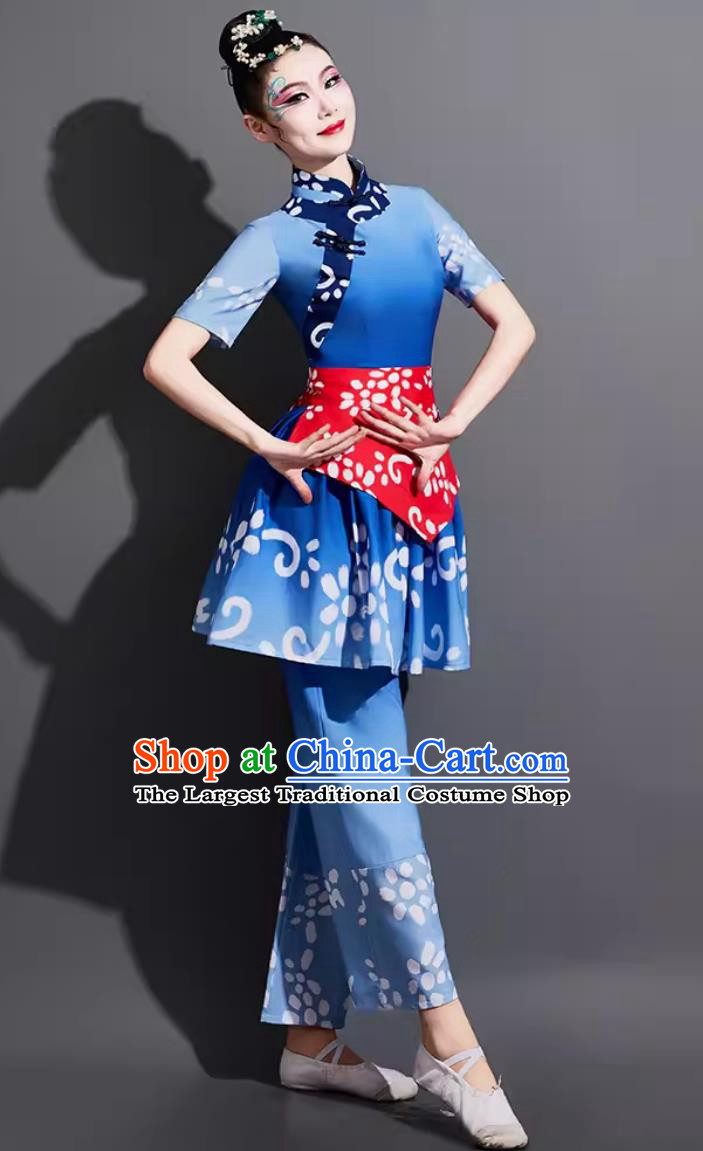 Traditional Fan Dance Nanniwan Clothing China Folk Dance Blue Outfit Chinese Yangko Dance Costume