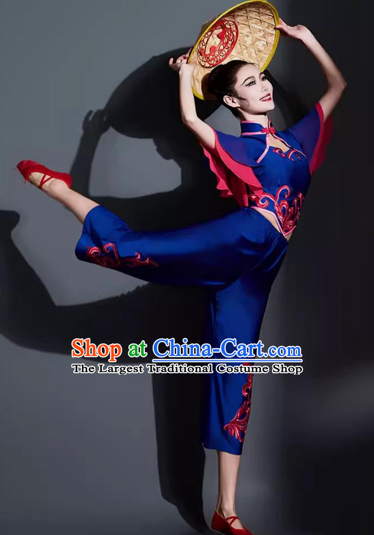 Chinese Folk Dance Costume Traditional Fan Dance Women Group Dance Clothing China Yangko Dance Deep Blue Outfit