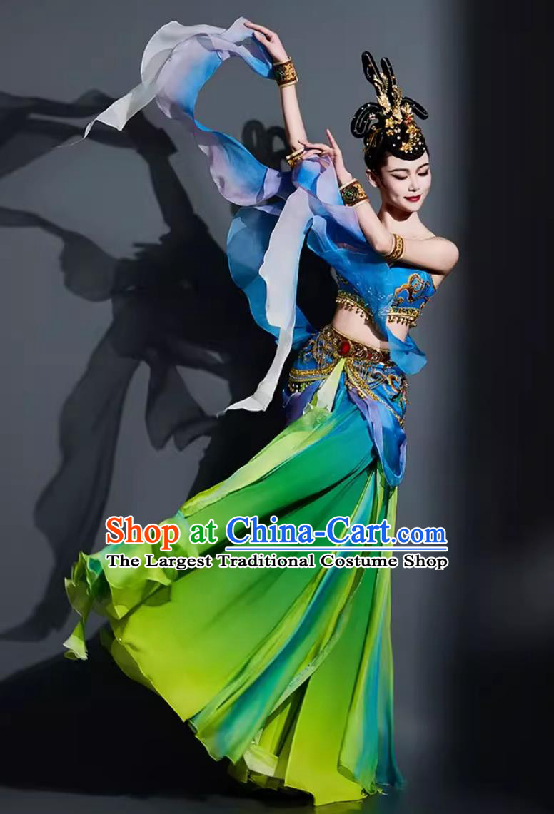 China Dunhuang Flying Apsaras Dance Green Dress Chinese Classical Dance Costume Woman Solo Dance Clothing