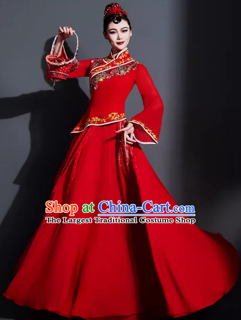 China Classical Dance Red Dress Chinese Umbrella Dance Fan Dance Costume Traditional Dance Clothing