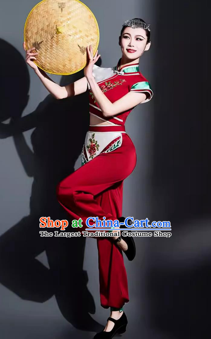 Chinese Bamboo Hat Dance Costume Traditional Yangko Dance Fan Dance Clothing China Folk Dance Outfit