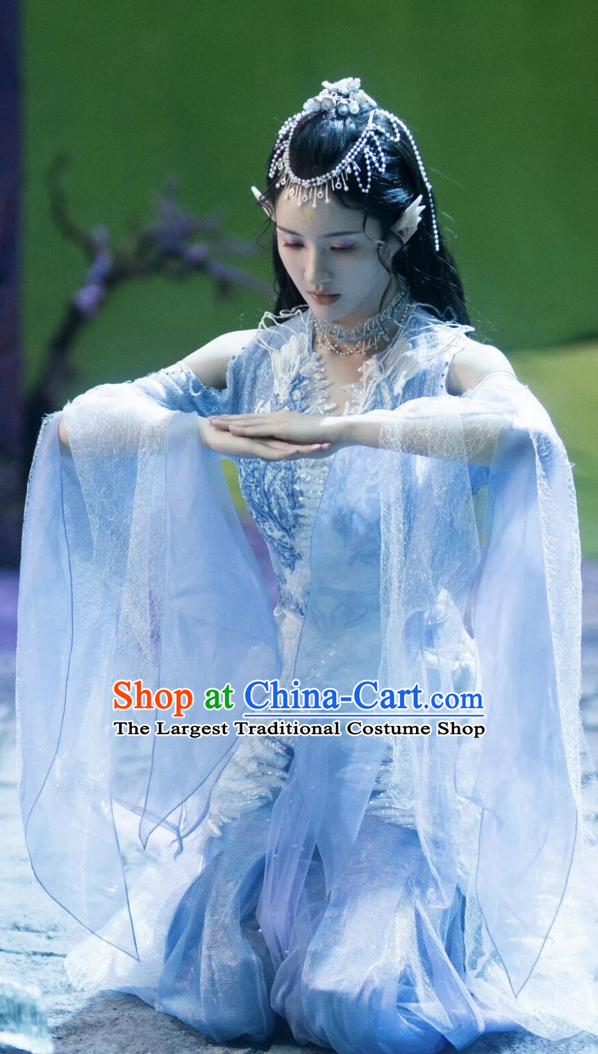 TV Series Drama Burning Flames Siren Princess Bei Er Costume Ancient China Fairy Clothing Traditional Chinese Blue Hanfu Dress