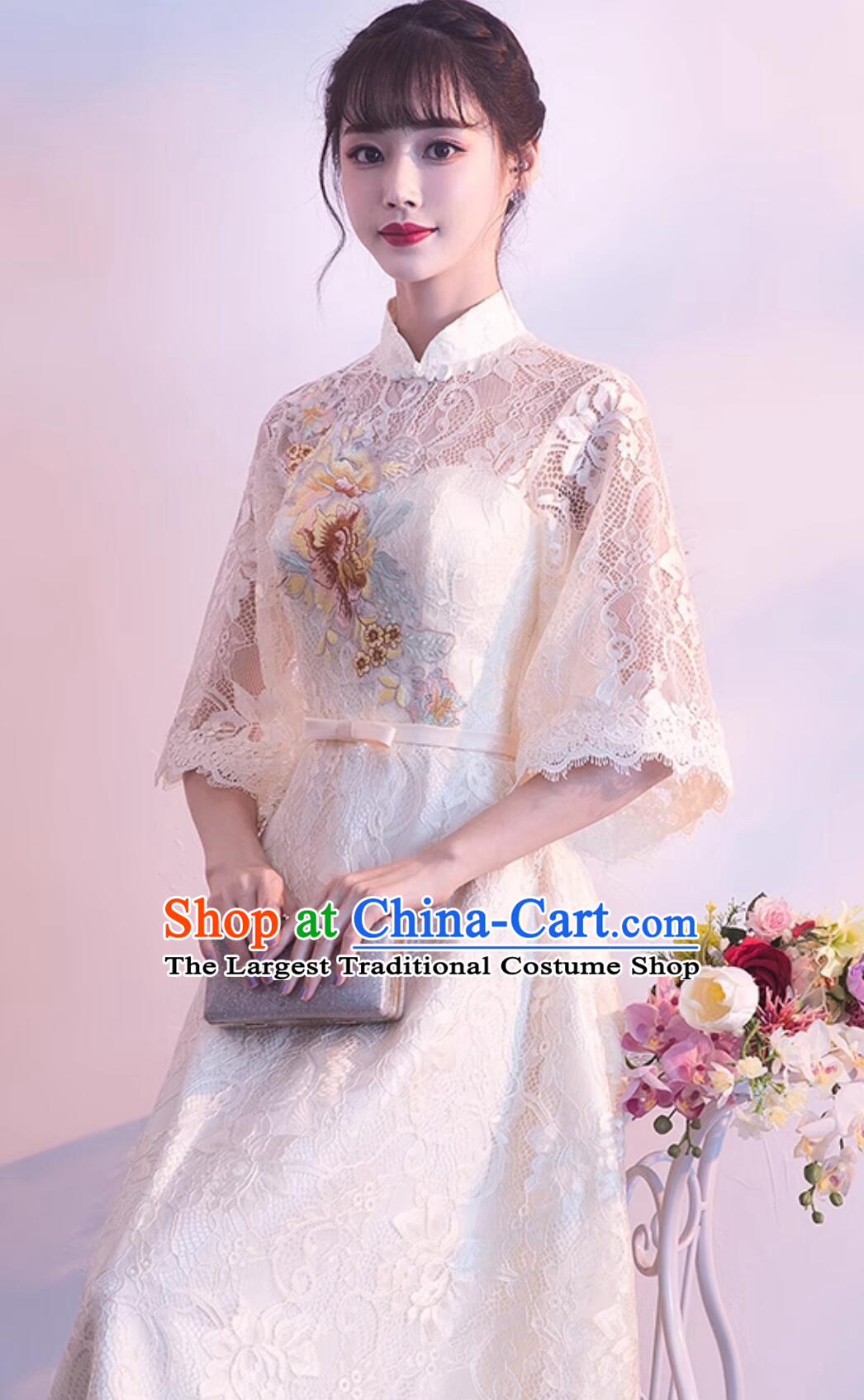 China Embroidered Lace Qipao Dress Modern Light Champagne Cheongsam Traditional Chinese Clothing