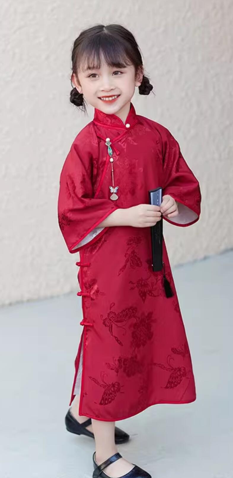 China Children Qipao Red Cheongsam Classical Dress Traditional Chinese Clothing