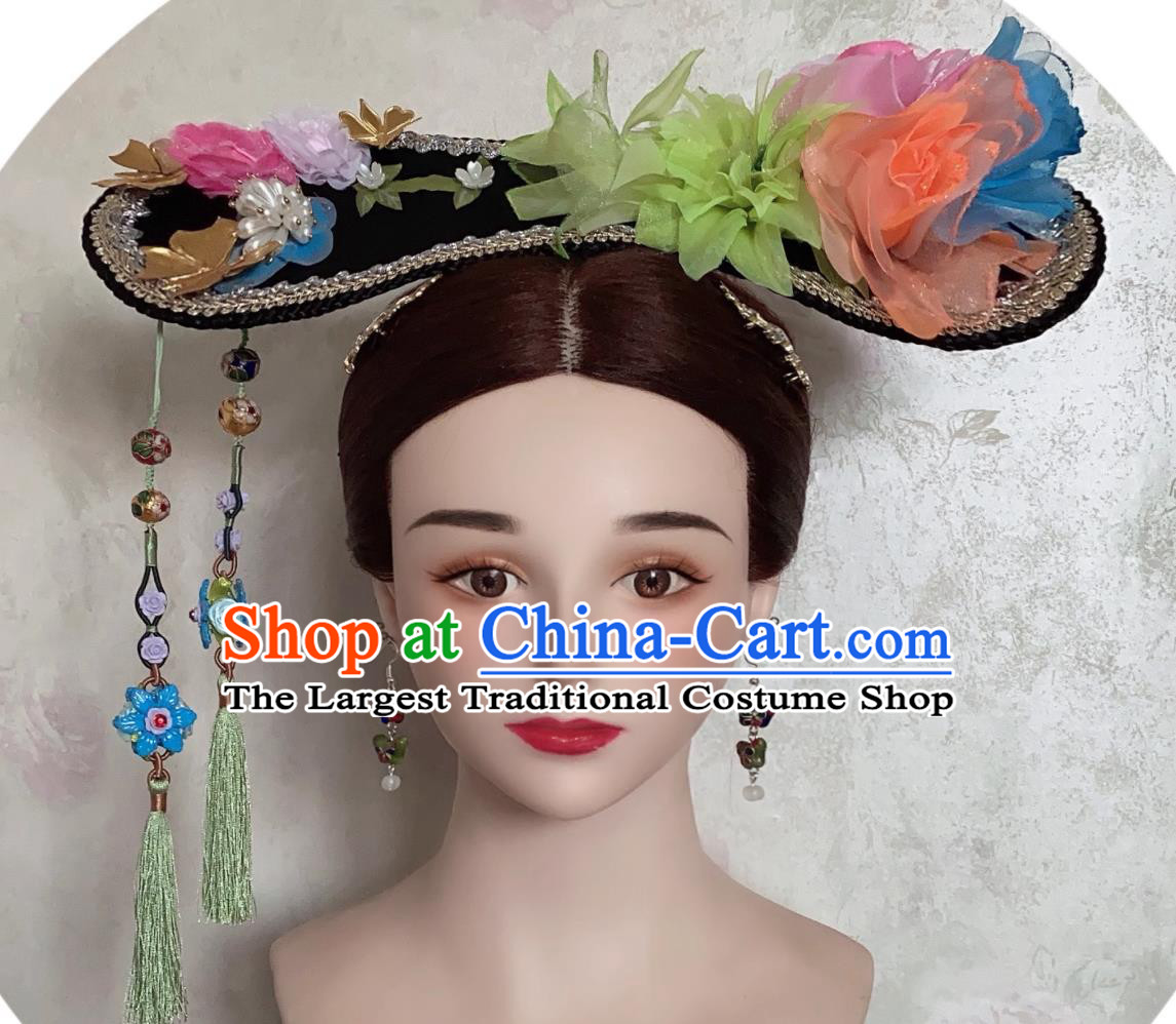 TV Drama My Fair Princess Xiao Yan Zi Headpiece Traditional Chinese Qing Dynasty Manchu Woman Hat Ancient China Empress Qi Headgear