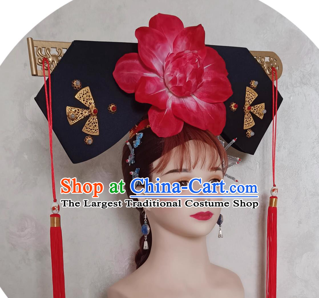 China Qing Dynasty Palace Lady Hat Traditional Chinese Manchu Woman Headdress TV Series Princess Pearl Qing Er Headgear