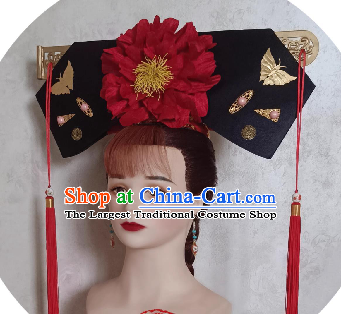 China Qing Dynasty Palace Lady Red Peony Hat Traditional Chinese Manchu Woman Headdress TV Series Princess Pearl Xiao Yan Zi Headgear