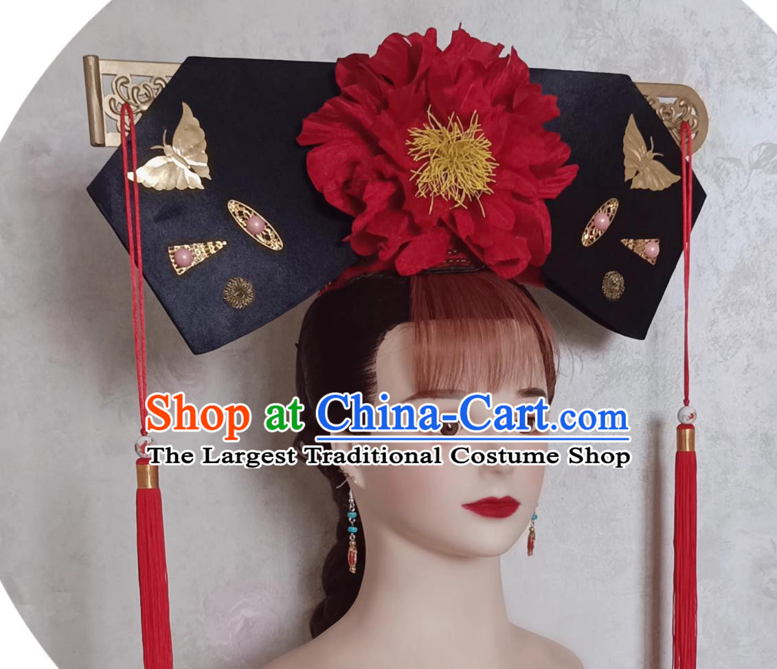 China Qing Dynasty Palace Lady Red Peony Hat Traditional Chinese Manchu Woman Headdress TV Series Princess Pearl Xiao Yan Zi Headgear