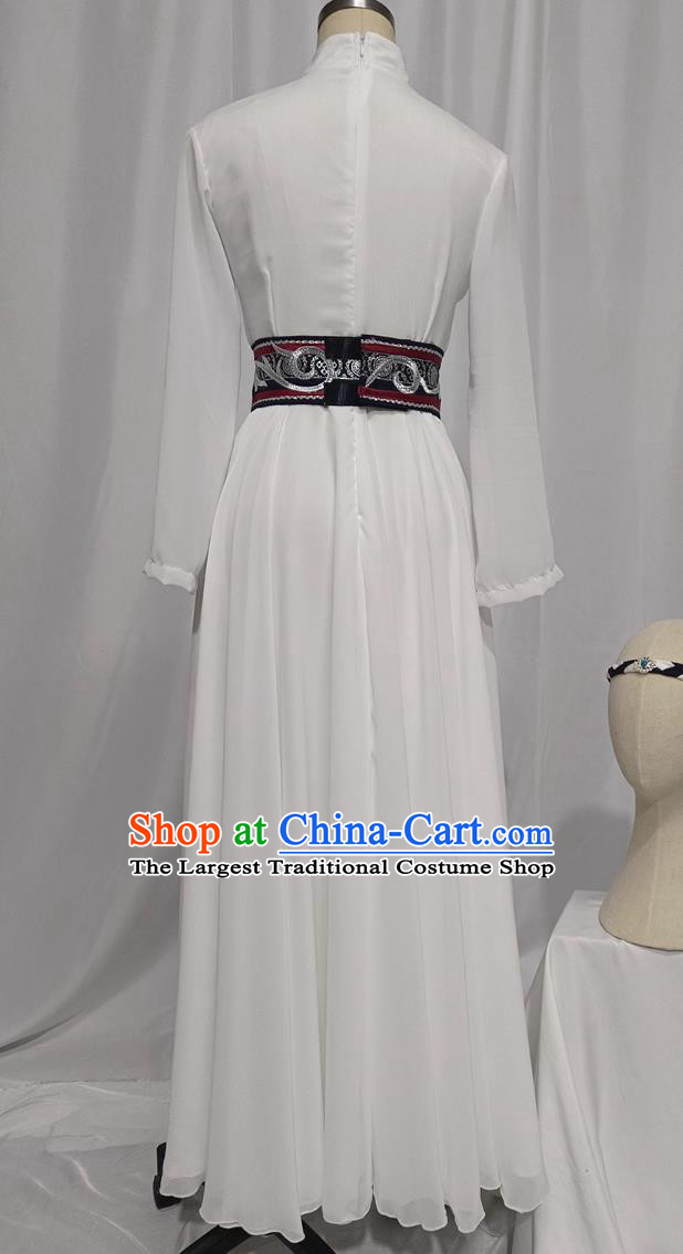 Chinese Mongolian Folk Dance Costume Ethnic Women Group Dance White Dress Mongol Nationality Dance Clothing