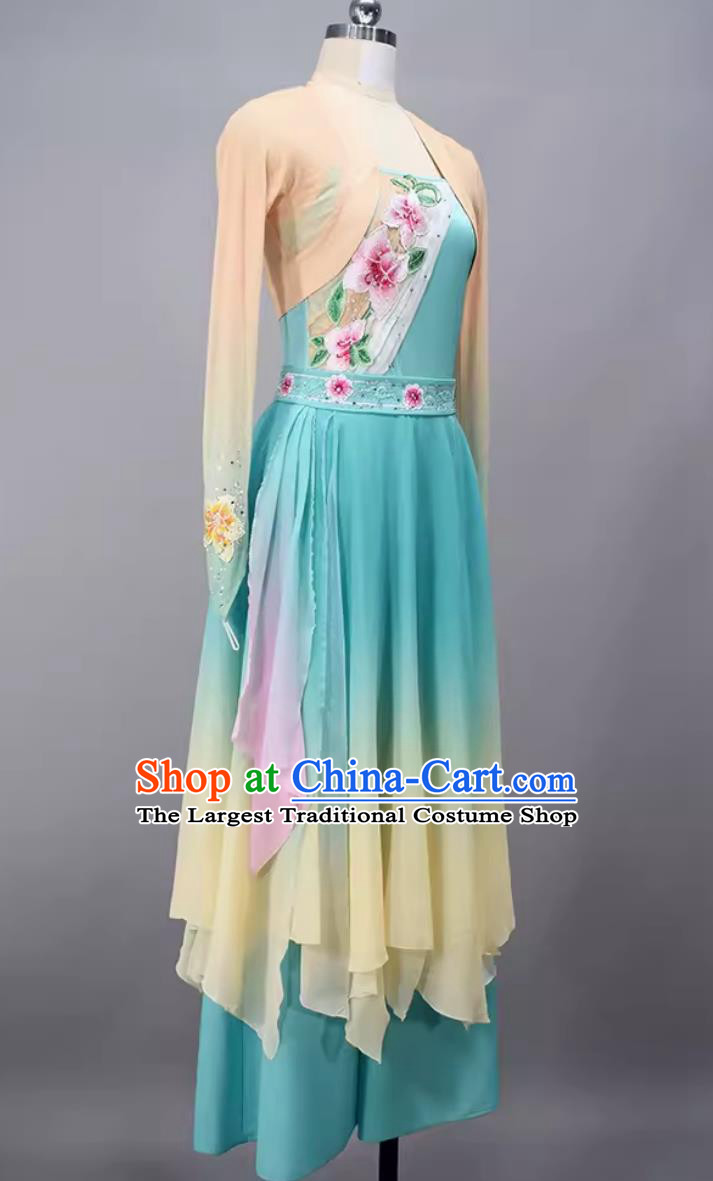 Chinese Fan Dance Costume Classical Dance Liu Guang Clothing China Woman Solo Dance Blue Dress