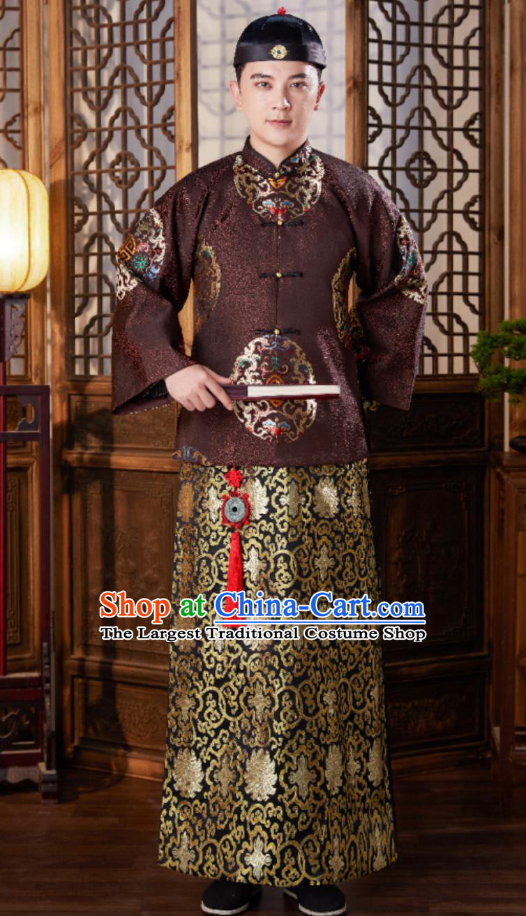 Ancient China Young Childe Costume Chinese Traditional Mandarin Jacket and Gown Qing Dynasty Shopkeeper Clothing