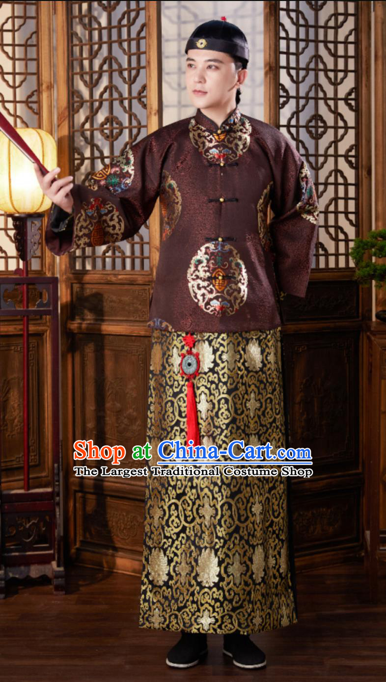 Ancient China Young Childe Costume Chinese Traditional Mandarin Jacket and Gown Qing Dynasty Shopkeeper Clothing