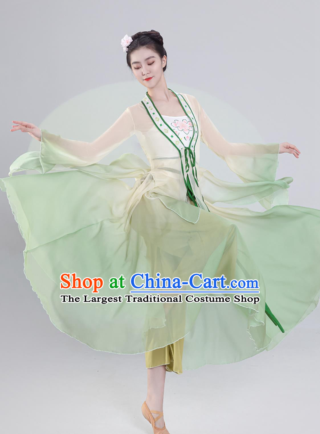 Chinese Classical Dance Costume Woman Fan Dance Exercise Clothing Stage Performance Green Dress