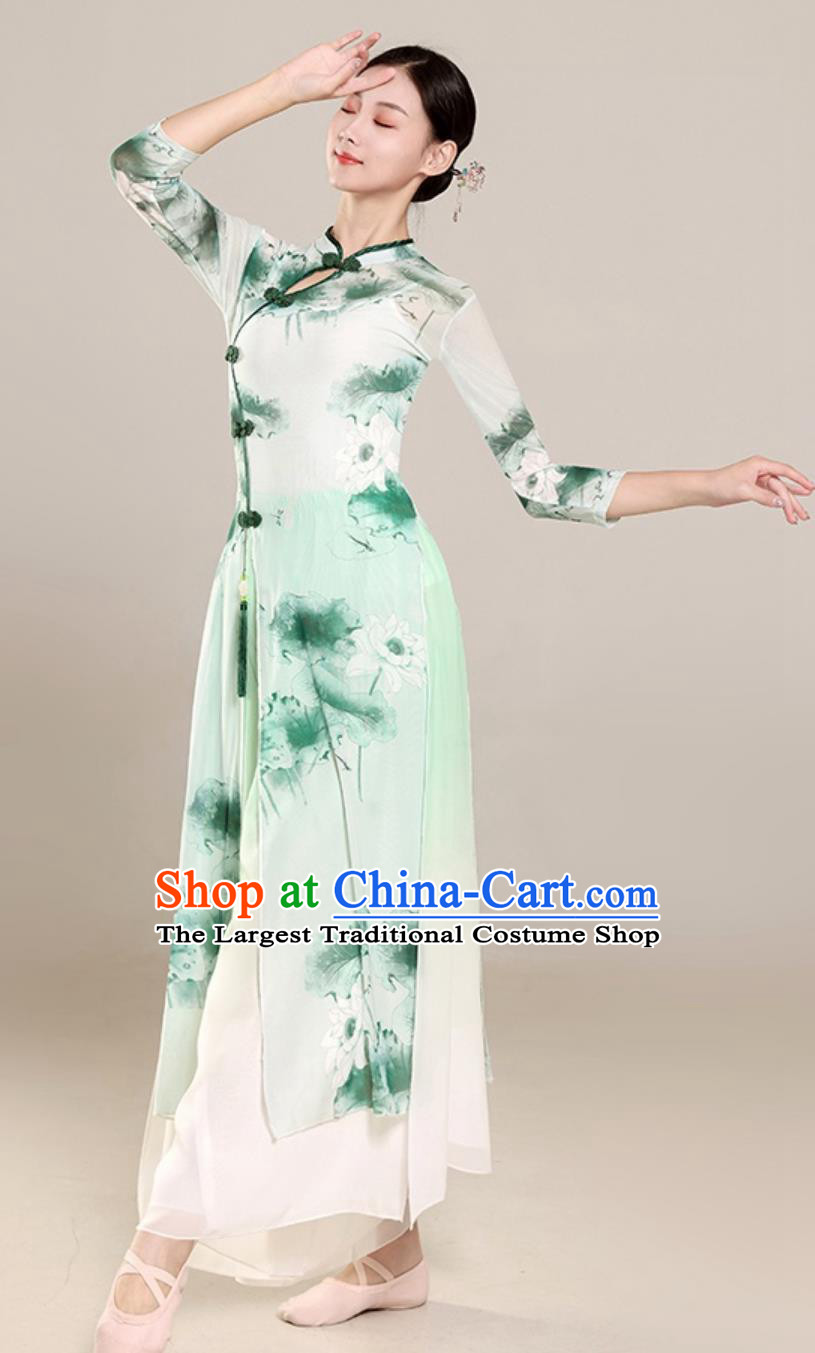 Chinese Classical Dance Costume Women Group Dance Clothing Lotus Dance Stage Performance Green Qipao Dress