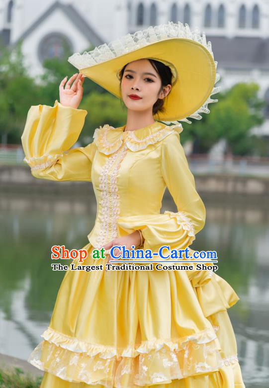 Drama Princess Yellow Long Dress European Court Costume French Medieval Retro Aristocratic Clothing