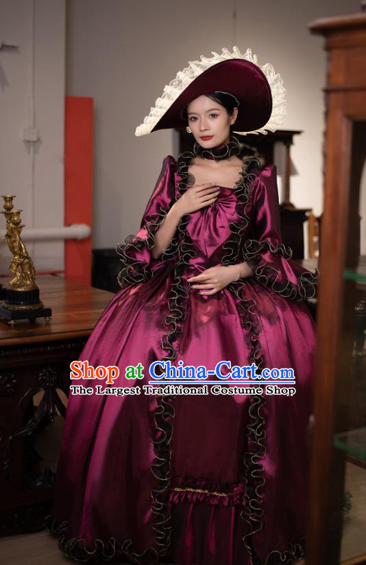 European Wine Red Court Dress Medieval Retro Aristocratic Clothing Drama Princess Costume