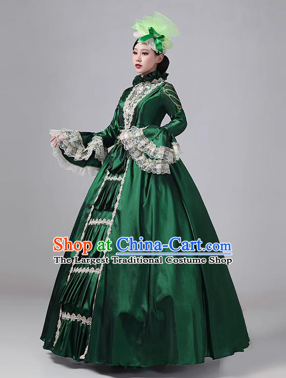 Green European Court Clothing British Medieval Noble Long Dress Retro Princess Dress Stage Walk Show Drama Costume