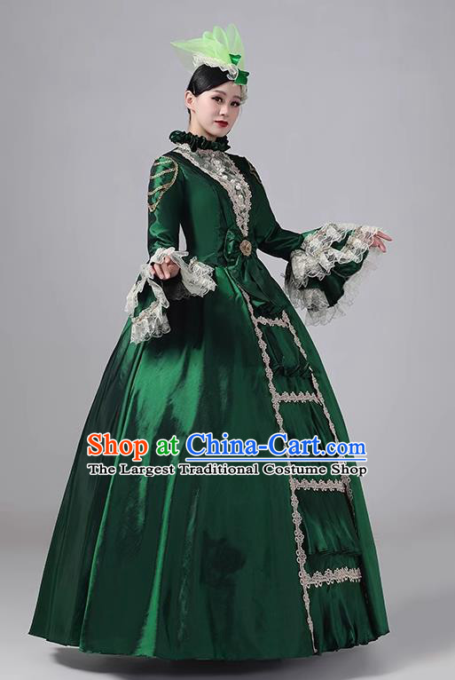 Green European Court Clothing British Medieval Noble Long Dress Retro Princess Dress Stage Walk Show Drama Costume