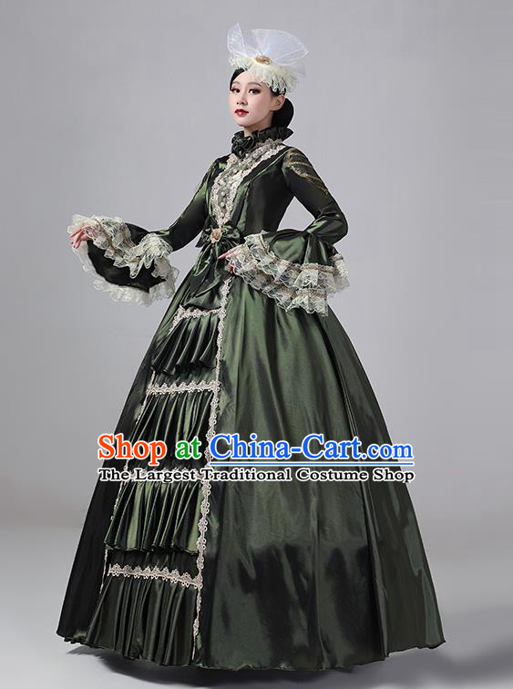 Blackish Green Drama Costume European Court Dress French Medieval Aristocratic Long Dress Retro Princess Garment Stage Walk Show Clothing