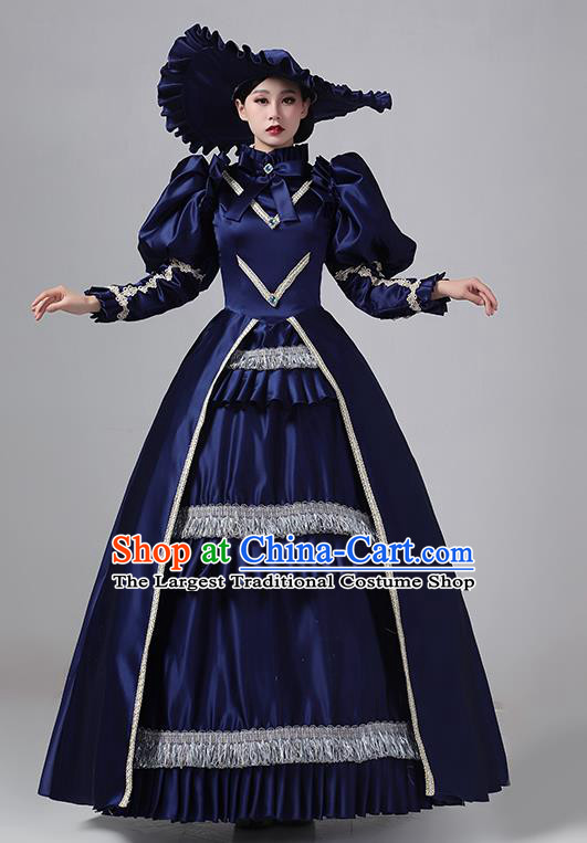 Navy Blue French Medieval Aristocratic Long Dress Retro Princess Garment Stage Show Clothing Drama Costume European Court Dress