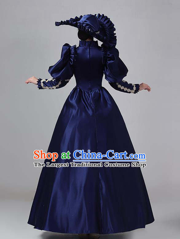 Navy Blue French Medieval Aristocratic Long Dress Retro Princess Garment Stage Show Clothing Drama Costume European Court Dress