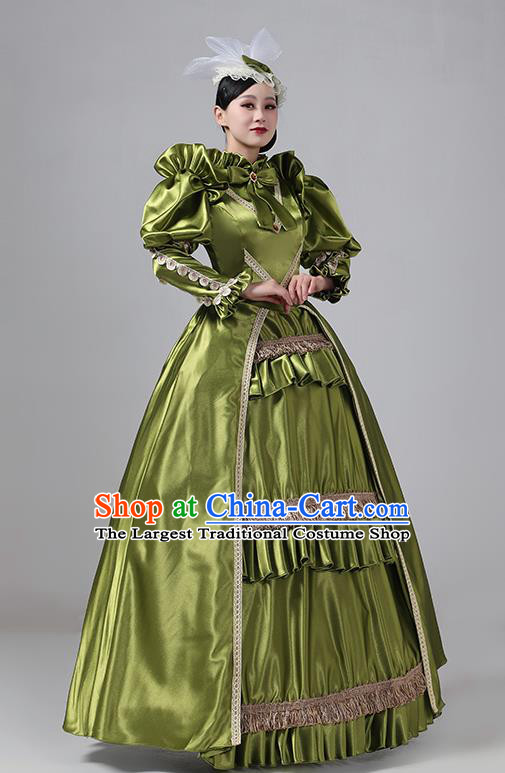 Olive Green European Court Clothing British Medieval Retro Aristocratic Princess Dress Stage Costume