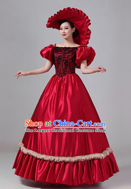 Wine Red European Medieval Court Dress Retro Style Victorian Stage Princess Clothing