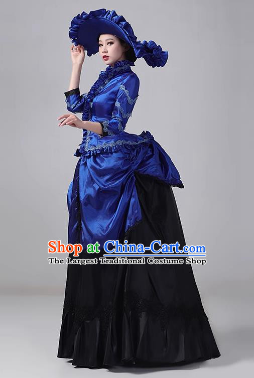 Royal Blue European Court Clothing Medieval Noble Evening Dress Long Dress Retro Princess Stage Show Drama Costume