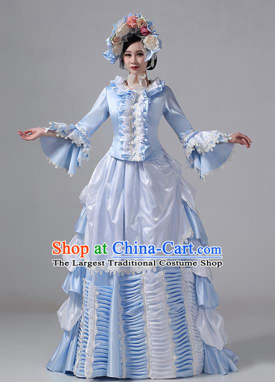 Blue European Style Court Costume European Medieval Retro Romantic Princess Long Dress Rococo Style Clothing