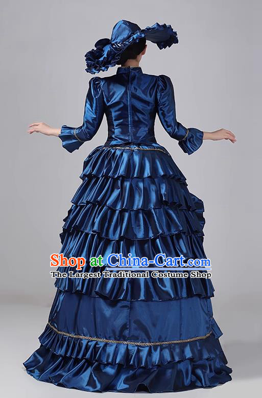 Navy Blue European Style Court Dress British Medieval Retro Costume French Style Women Robe Dress Stage Outfit Princess Dress
