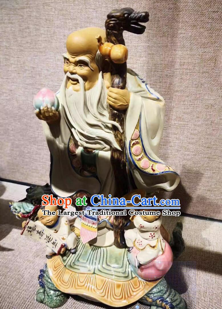 Traditional Shiwan Ceramic Statue Handmade Porcelain Sculpture Chinese God of Longevity Figurine