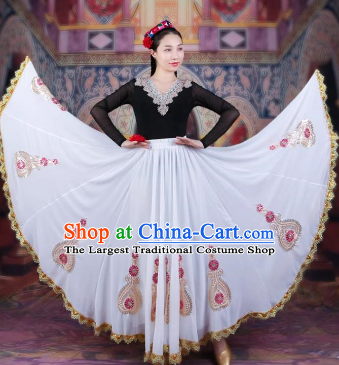 720 Degree Swing White Chiffon Skirt With Gold Edge And Lace Ethnic Style Four Season Long Skirt Chinese Xinjiang Dance Performance Costume