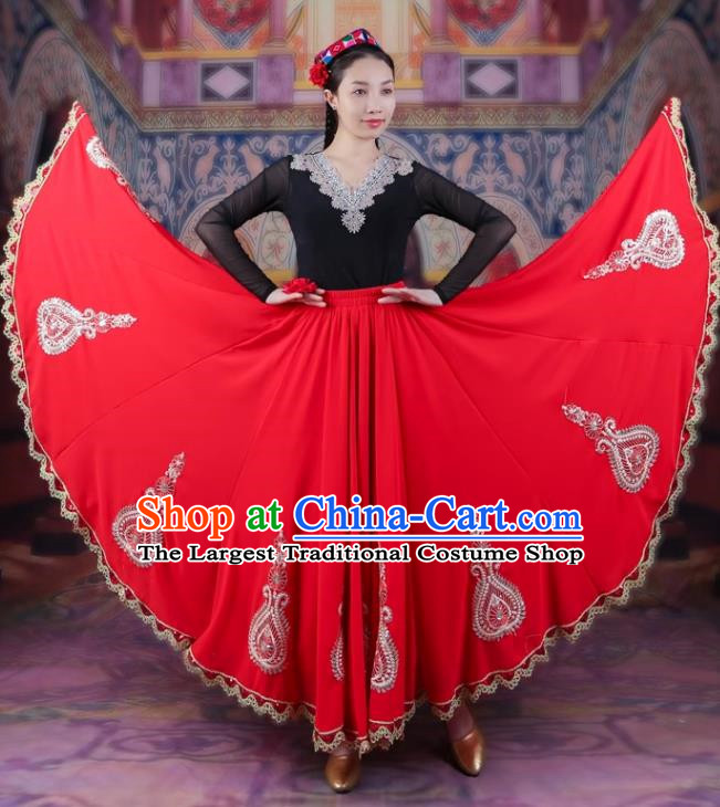 720 Degree Wide Swing Red Chiffon Skirt With Gold Edge And Lace Ethnic Style Four Seasons Long Skirt Chinese Xinjiang Dance Performance Costume