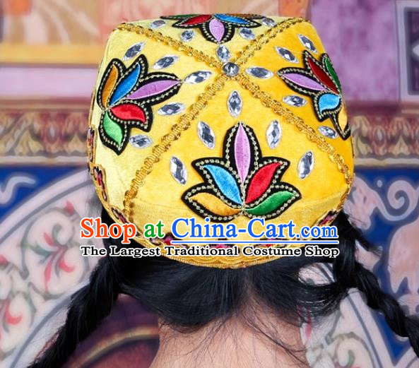 Yellow Chinese Xinjiang Dance Flower Hat Female Adult Four Corner Hat Performance Headwear Uighur Dance Embroidered Hat Ethnic Style Stage Hat