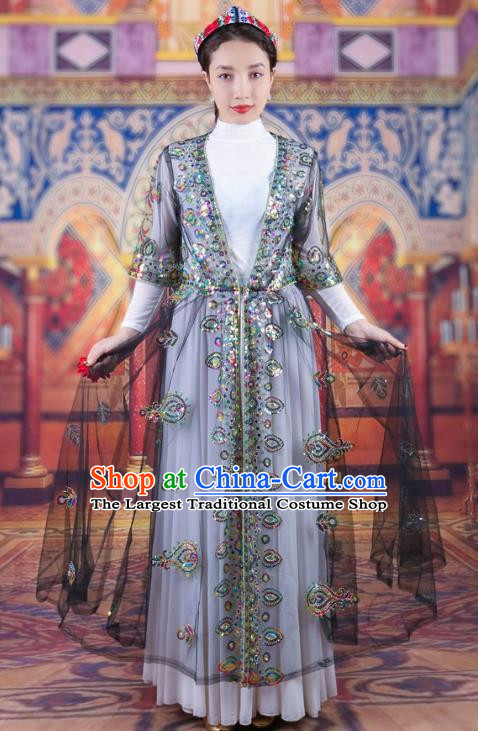 Black Chinese Xinjiang Dance Performance Costume Ethnic Style Beaded Embroidery Women Costume Uyghur Long Mesh Vest